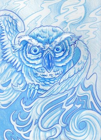 Tattoos - Blue Sketchbook Angry Swirly Owl Tattoo Concept - 60608